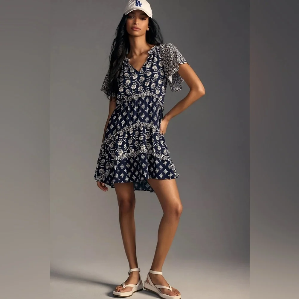 Anthropologie Navy and White Floral Dress